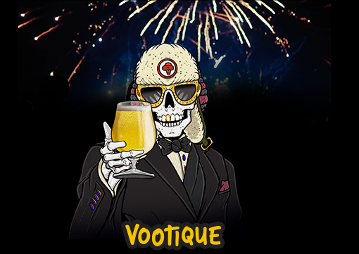 Voodoo Ranger character holding a beer glass with fireworks in the background